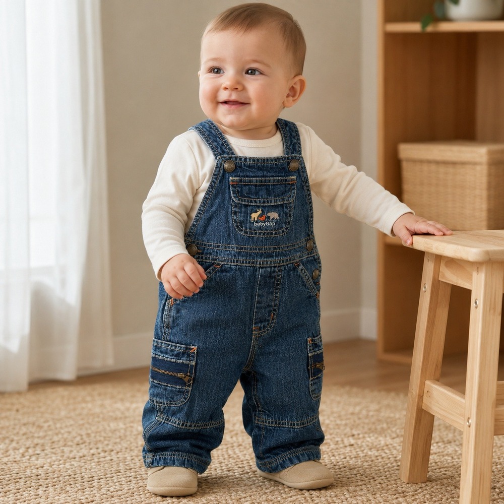 Vintage 2005‎ Baby Gap Denim Cargo Overalls Lined 6-12M Animal Y2K